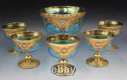 Antique Bohemian Czech 6 Piece Punch Bowl Set with 5 Glasses Raised Enamel Flowers