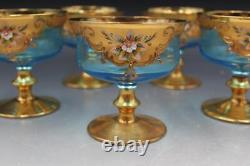 Antique Bohemian Czech 6 Piece Punch Bowl Set with 5 Glasses Raised Enamel Flowers