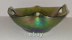 Antique Bohemian Kralik Iridescent Art Glass Bowl with Punched Handles 1400