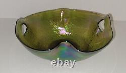 Antique Bohemian Kralik Iridescent Art Glass Bowl with Punched Handles 1400