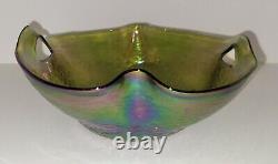 Antique Bohemian Kralik Iridescent Art Glass Bowl with Punched Handles 1400