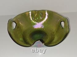 Antique Bohemian Kralik Iridescent Art Glass Bowl with Punched Handles 1400