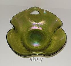 Antique Bohemian Kralik Iridescent Art Glass Bowl with Punched Handles 1400