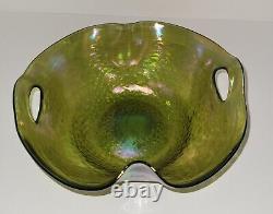 Antique Bohemian Kralik Iridescent Art Glass Bowl with Punched Handles 1400