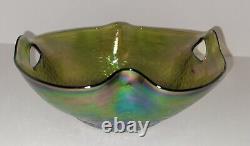 Antique Bohemian Kralik Iridescent Art Glass Bowl with Punched Handles 1400