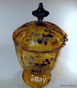 Antique Bohemian Moser Amber & Blue Glass w Enamel Flowers Syllabub Punch Bowl