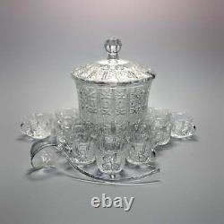 Antique Brilliant Cut Glass Covered Punch Bowl Set by Waterford, c1930