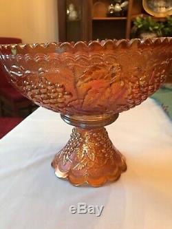 Antique Carnival Glass Marigold Punch Bowl & Pedestal-Grapes & Leaves-Saw Tooth