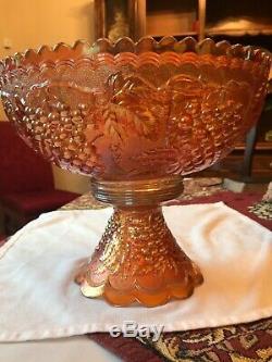 Antique Carnival Glass Marigold Punch Bowl & Pedestal-Grapes & Leaves-Saw Tooth