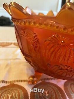 Antique Carnival Glass Punch Bowl On Pedestal Peacock At The Fountain Marigold