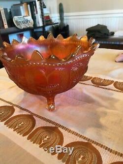 Antique Carnival Glass Punch Bowl On Pedestal Peacock At The Fountain Marigold