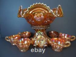 Antique Carnival Glass Punch Bowl Set Imperial Marigold Iridescent 1915-20