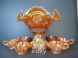 Antique Carnival Glass Punch Bowl Set Imperial Marigold Iridescent 1915-20