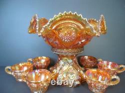 Antique Carnival Glass Punch Bowl Set Imperial Marigold Iridescent 1915-20