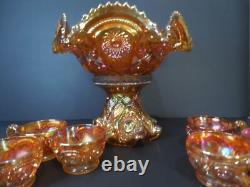 Antique Carnival Glass Punch Bowl Set Imperial Marigold Iridescent 1915-20