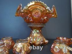 Antique Carnival Glass Punch Bowl Set Imperial Marigold Iridescent 1915-20