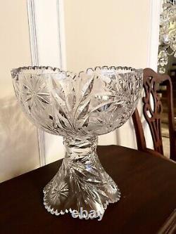 Antique Clear Cut Glass American Brilliant ABP Punch Bowl on Pedestal Stand