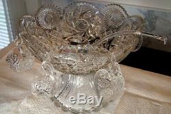 Antique Crystal Cut Glass Punch Bowl & HEISEY Stand With 7 Cups & Crystal Ladle