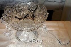 Antique Crystal Cut Glass Punch Bowl & HEISEY Stand With 7 Cups & Crystal Ladle