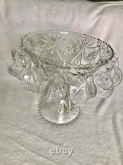 Antique Crystal Punch Bowl Set Includes Base And 12 Glasses