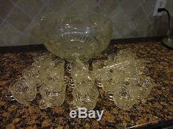 Antique Cut Crystal Glass Large Punch Bowl With 17 Cups