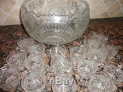Antique Cut Crystal Glass Large Punch Bowl With 17 Cups