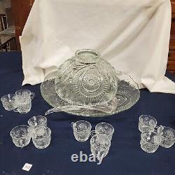 Antique Cut Crystal Punch Bowl Pinwheel & Stars & 12 Glasses Service Plate Spoon