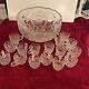 Antique Cut Crystal Punch Bowl Pinwheel & Stars 15 matching Glasses 16 PIECE SET