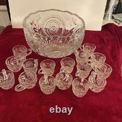 Antique Cut Crystal Punch Bowl Pinwheel & Stars 15 matching Glasses 16 PIECE SET