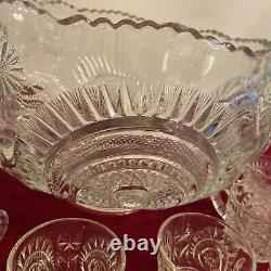 Antique Cut Crystal Punch Bowl Pinwheel & Stars 15 matching Glasses 16 PIECE SET