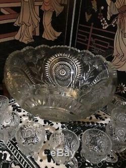 Antique Cut Crystal Punch Bowl Pinwheel & Stars & 8 matching Glasses