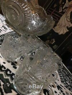 Antique Cut Crystal Punch Bowl Pinwheel & Stars & 8 matching Glasses