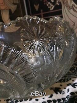 Antique Cut Crystal Punch Bowl Pinwheel & Stars & 8 matching Glasses