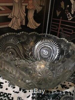 Antique Cut Crystal Punch Bowl Pinwheel & Stars & 8 matching Glasses