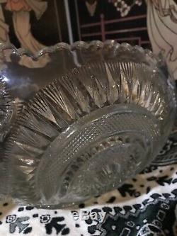 Antique Cut Crystal Punch Bowl Pinwheel & Stars & 8 matching Glasses