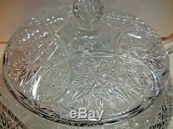 Antique Cut Glass Covered Lidded Punch Bowl with Lid & Ladle Crystal