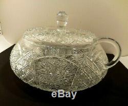 Antique Cut Glass Covered Lidded Punch Bowl with Lid & Ladle Crystal