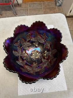 Antique DUGAN Carnival Glass Centerpiece Punch Bowl Grape Cherries Many Fruits