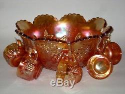 Antique DUGAN Carnival Glass Punch Bowl & 5 Cups, Marigold, MANY FRUITS Pattern
