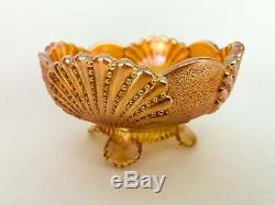 Antique Dugan Amber Carnival Glass beaded shell Berry / Punch Bowl Set