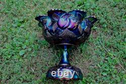 Antique Dugan Many Fruits Carnival Glass Punch Top And Base Electric Purple Antique Dugan Many Fruits Carnival Glass Punch Top And Base Electric Purple