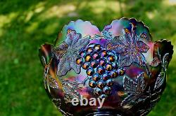 Antique Dugan Many Fruits Carnival Glass Punch Top And Bottom, Electric Purple