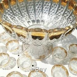 Antique Duncan Miller Glass Punch Bowl & 15 Cups Vintage Gold Trim EXCELLENT