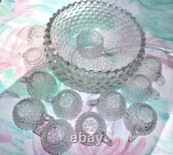Antique Duncan & Miller Punch Bowl Set Clear Hobnail Glass 12 Cups Ladle READ