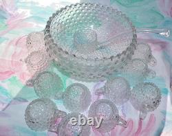 Antique Duncan & Miller Punch Bowl Set Clear Hobnail Glass 12 Cups Ladle READ