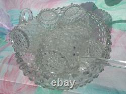 Antique Duncan & Miller Punch Bowl Set Clear Hobnail Glass 12 Cups Ladle READ