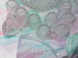 Antique Duncan & Miller Punch Bowl Set Clear Hobnail Glass 12 Cups Ladle READ