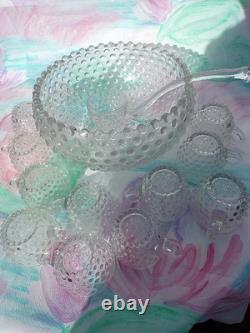 Antique Duncan & Miller Punch Bowl Set Clear Hobnail Glass 12 Cups Ladle READ