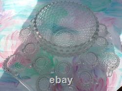 Antique Duncan & Miller Punch Bowl Set Clear Hobnail Glass 12 Cups Ladle READ