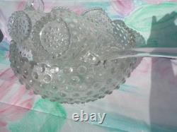 Antique Duncan & Miller Punch Bowl Set Clear Hobnail Glass 12 Cups Ladle READ